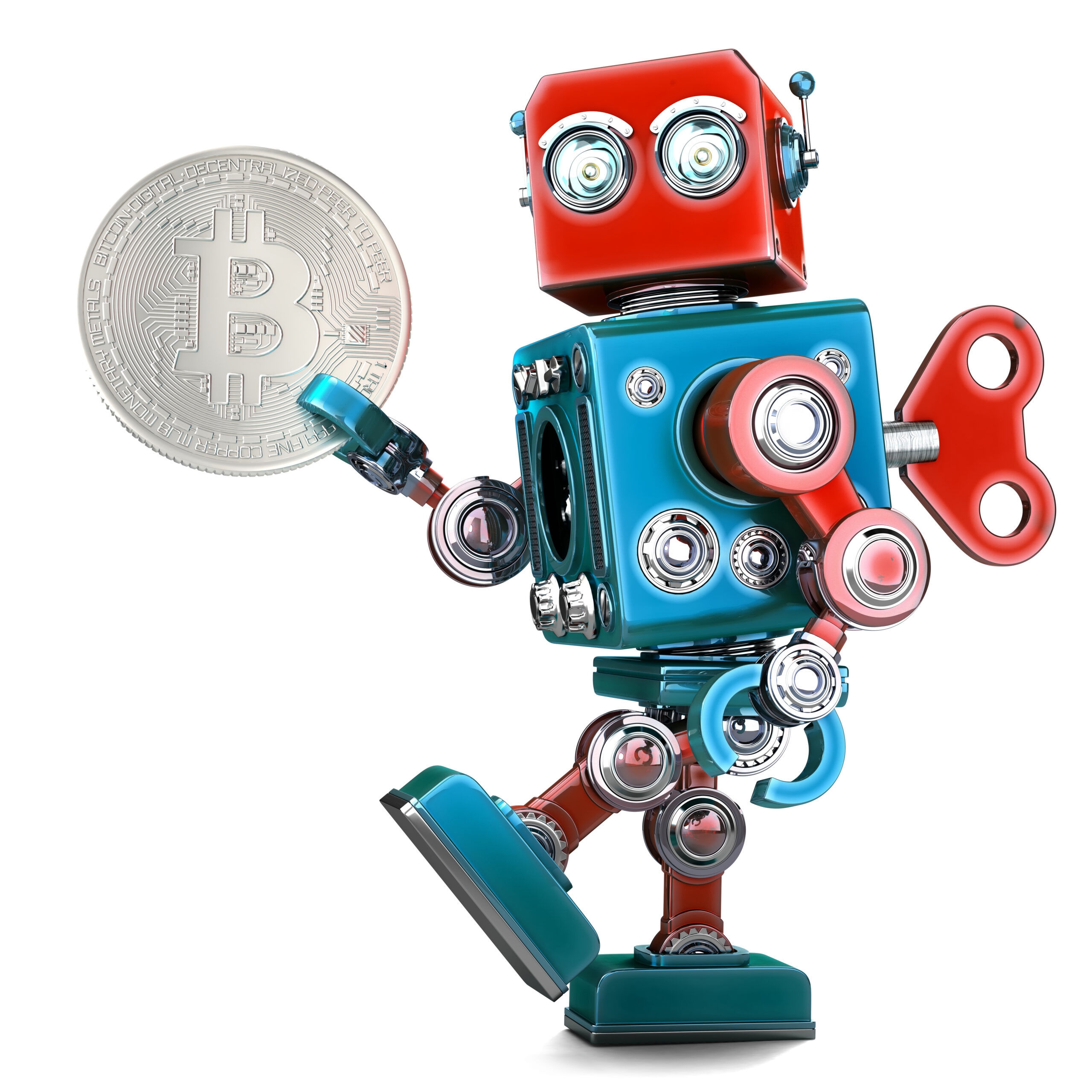 Retro Robot holding bitcoin coin. 3D illustration. Isolated. Contains clipping path.
